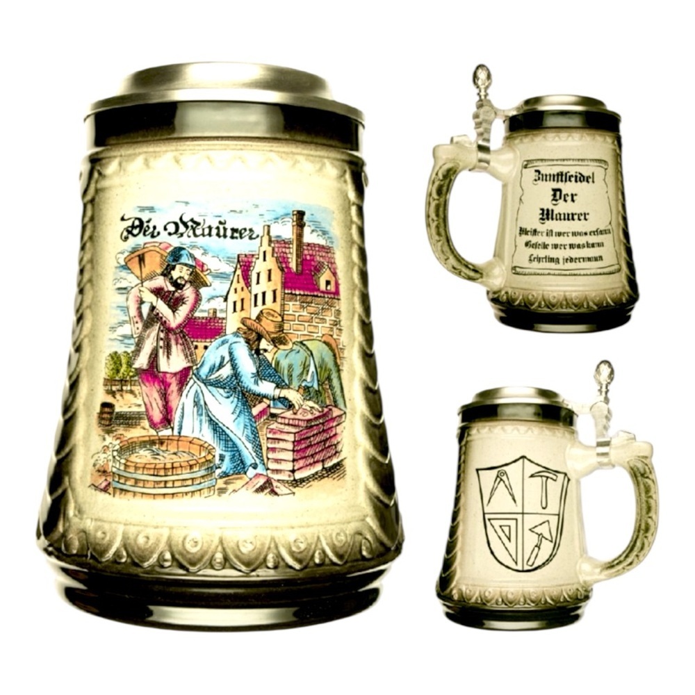 German Stoneware Beer Stein with Pewter Lid Zunftseidel Mason Crest 0.5L